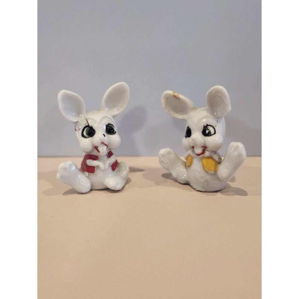 Adorable~Vintage~Silly White Bunny Rabbits In Vests~Figurines~Anthromorphic